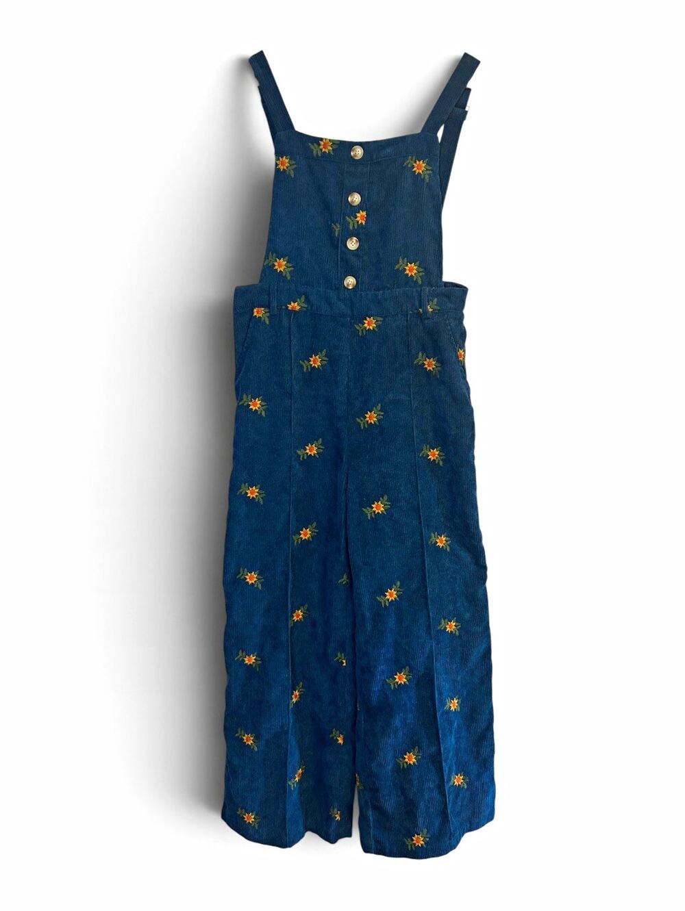 CIDER Blue Wide-Leg Cider Blue Corduroy Sunflower Embroidered Overalls SZ L Boho